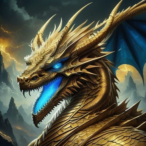 Vibrant Golden Dragon Portrait in Hyperrealistic Style