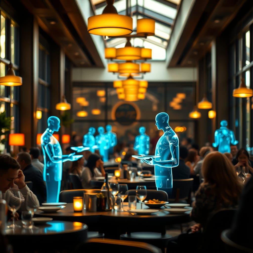 Holographic Waiters Shine in a Futuristic Restaurant Scene