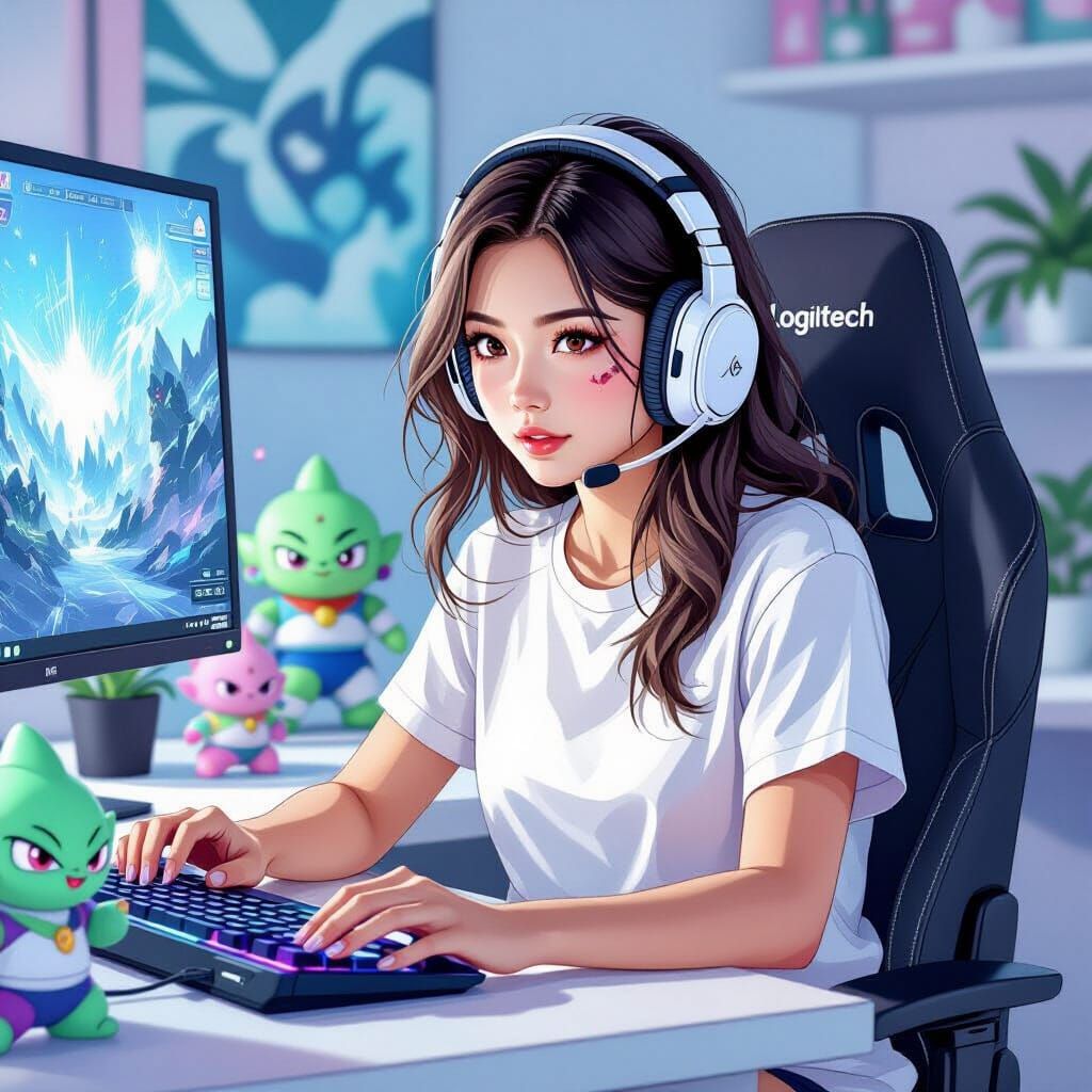 Girl Playing Destiny 2 with Majin Buu Figures