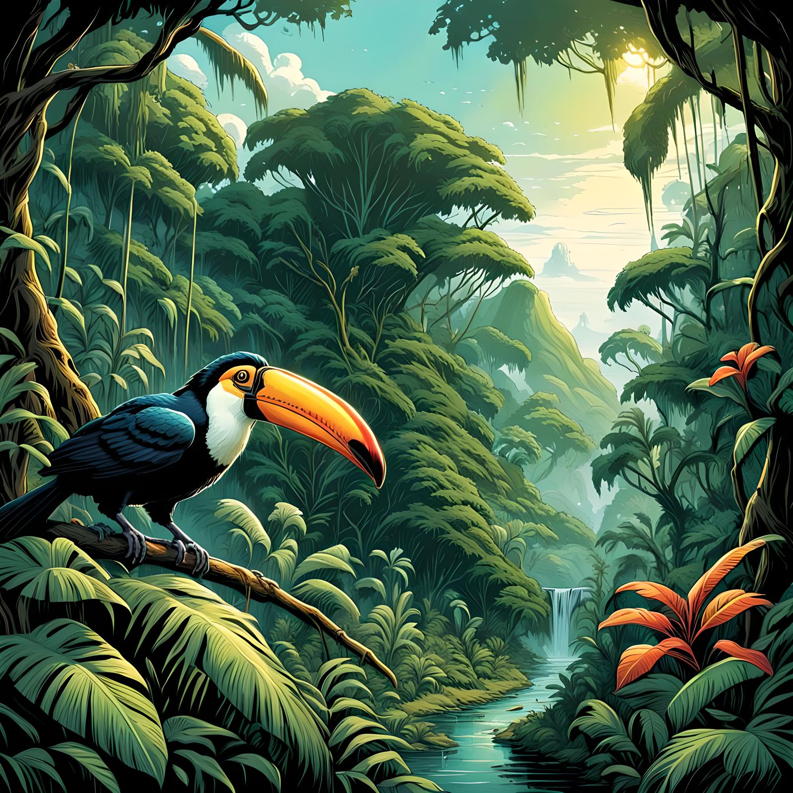 Lush Jungle Landscape with Toucan in Comic Book Art