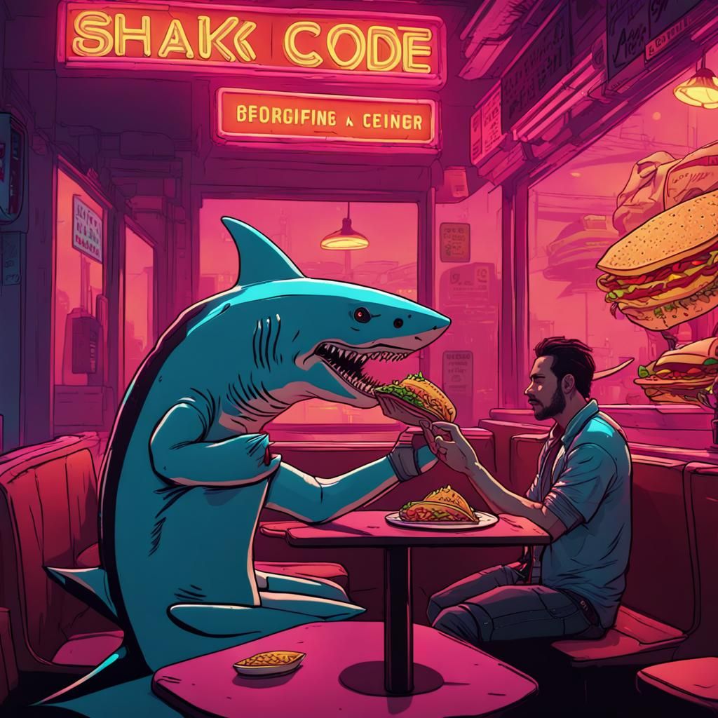 Shark Enjoys Taco in Cyberpunk Mexican Restaurant