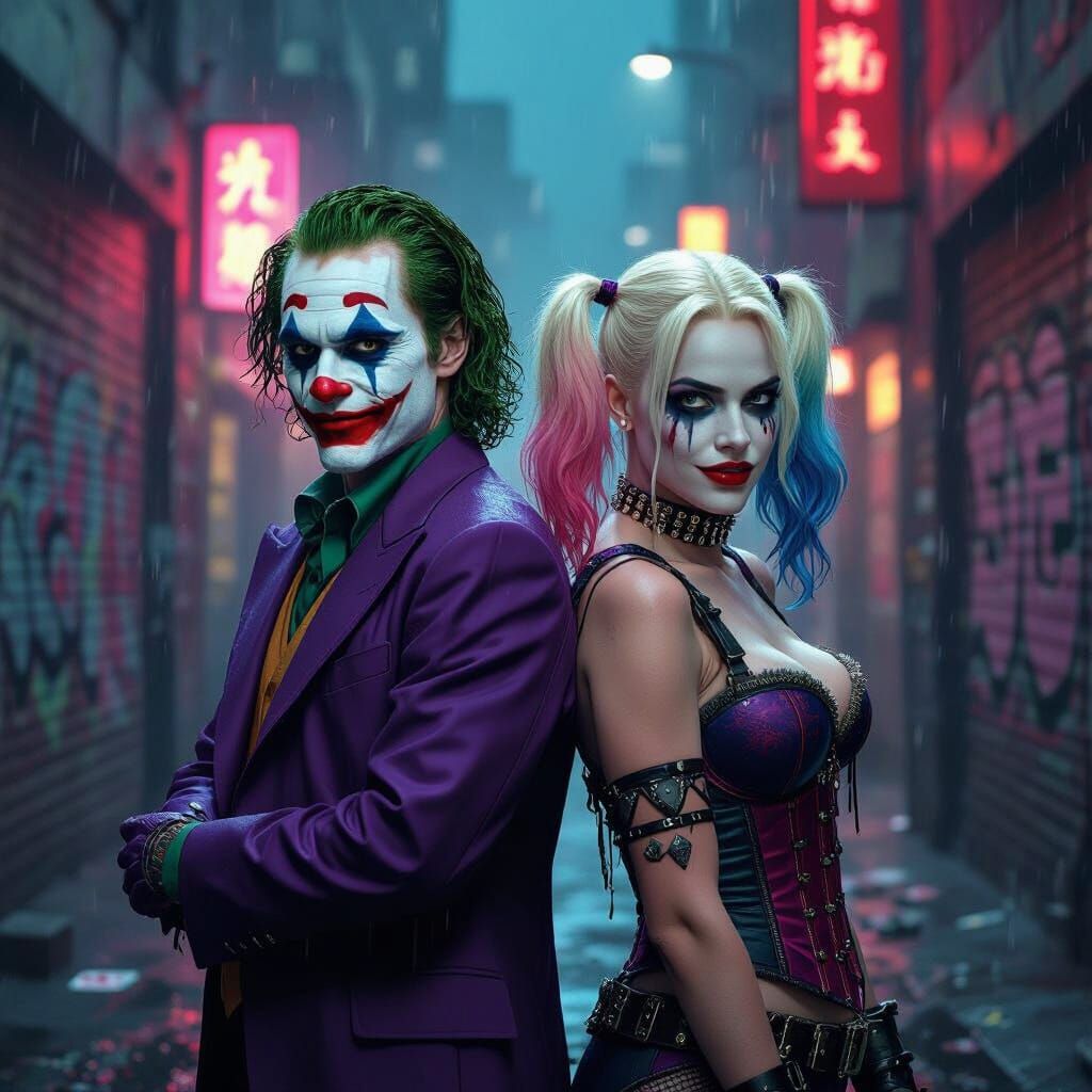 Joker and Harley Quinn in Neon Gotham Alley