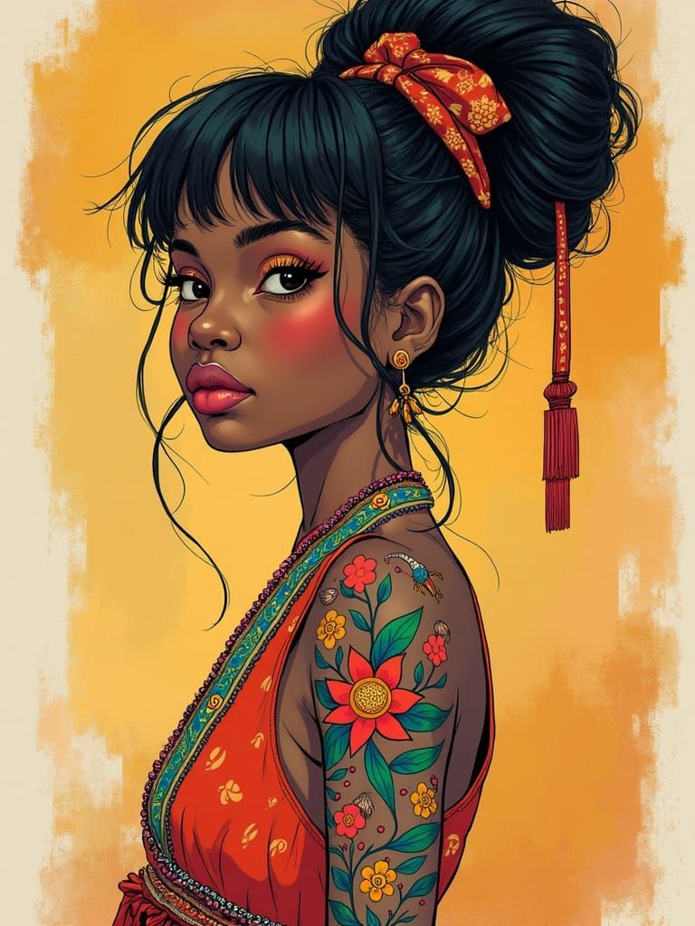 Vibrant Woman with Tribal-Floral Tattoo, Loish Style