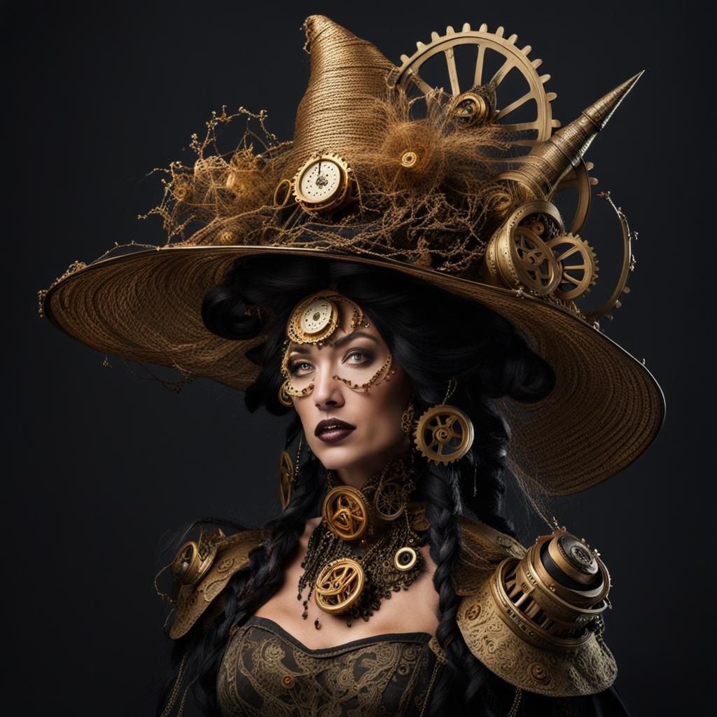Steampunk Witch in Gold and Brass Gown