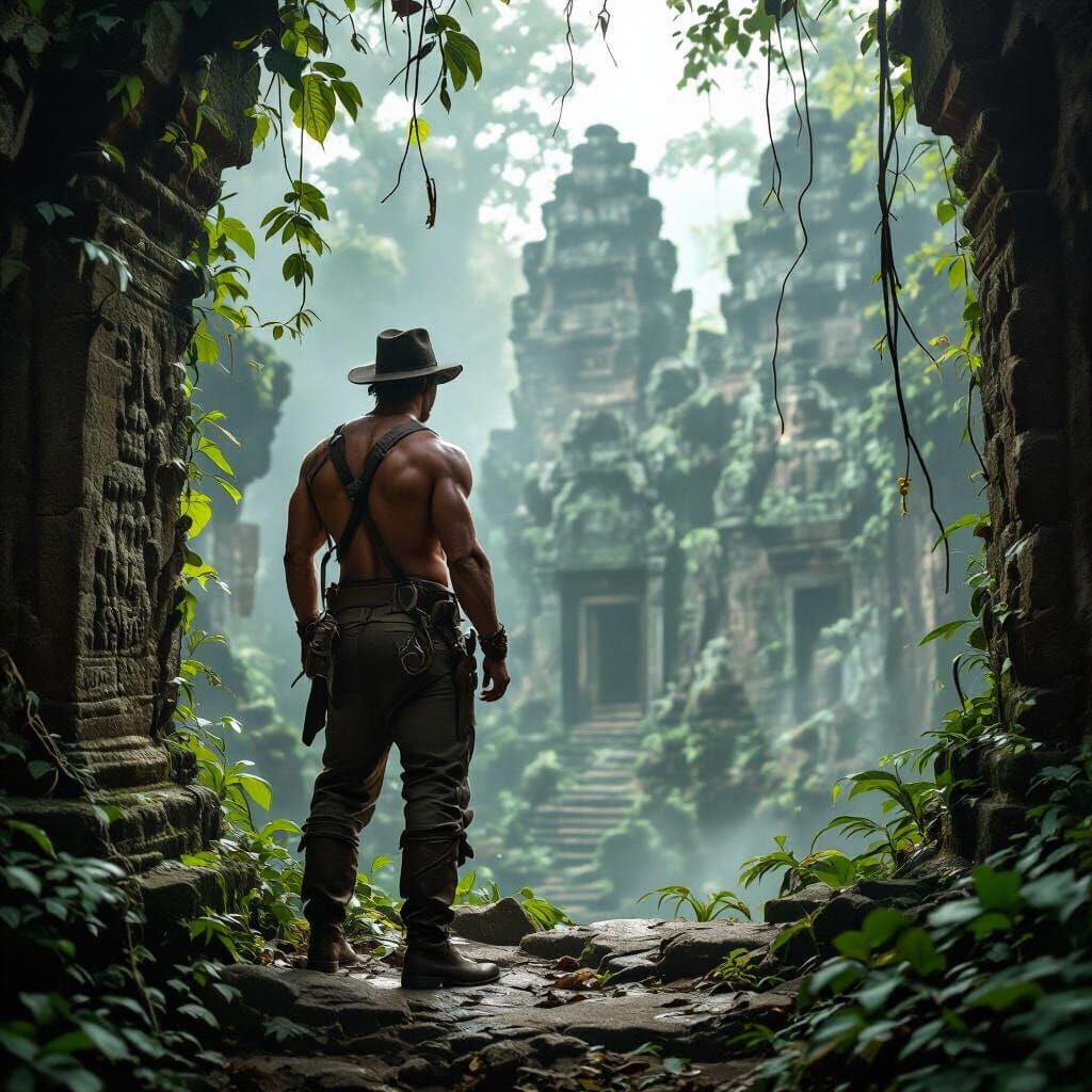 Explorer at Overgrown Jungle Temple Ruins