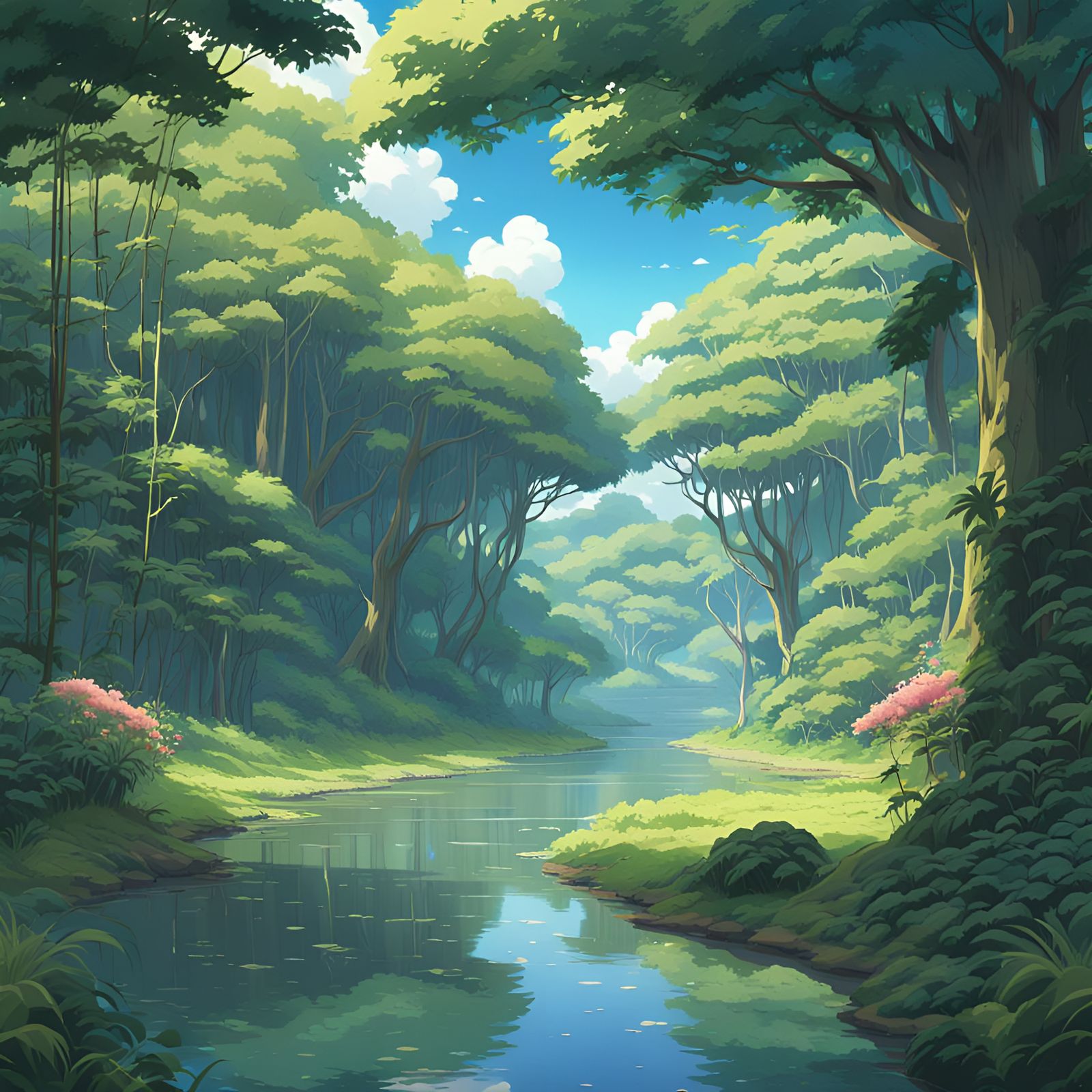 Lush Jungle River in Anime Style
