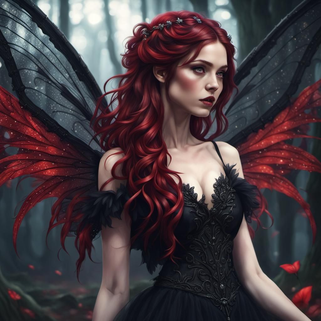 Red-Haired Fairy with Black Wings in Fantasy Dress