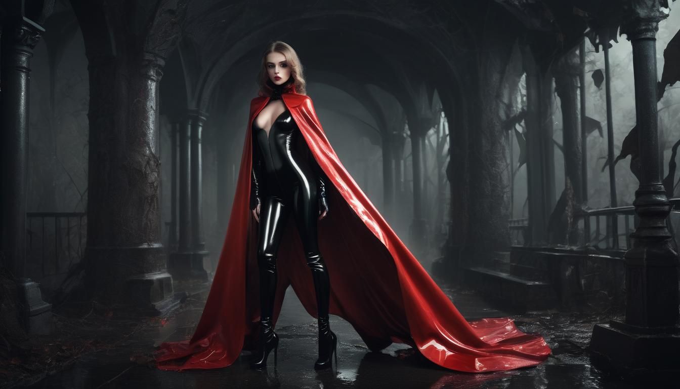 Red Catsuit and Cape: Dark Fantasy Fashion