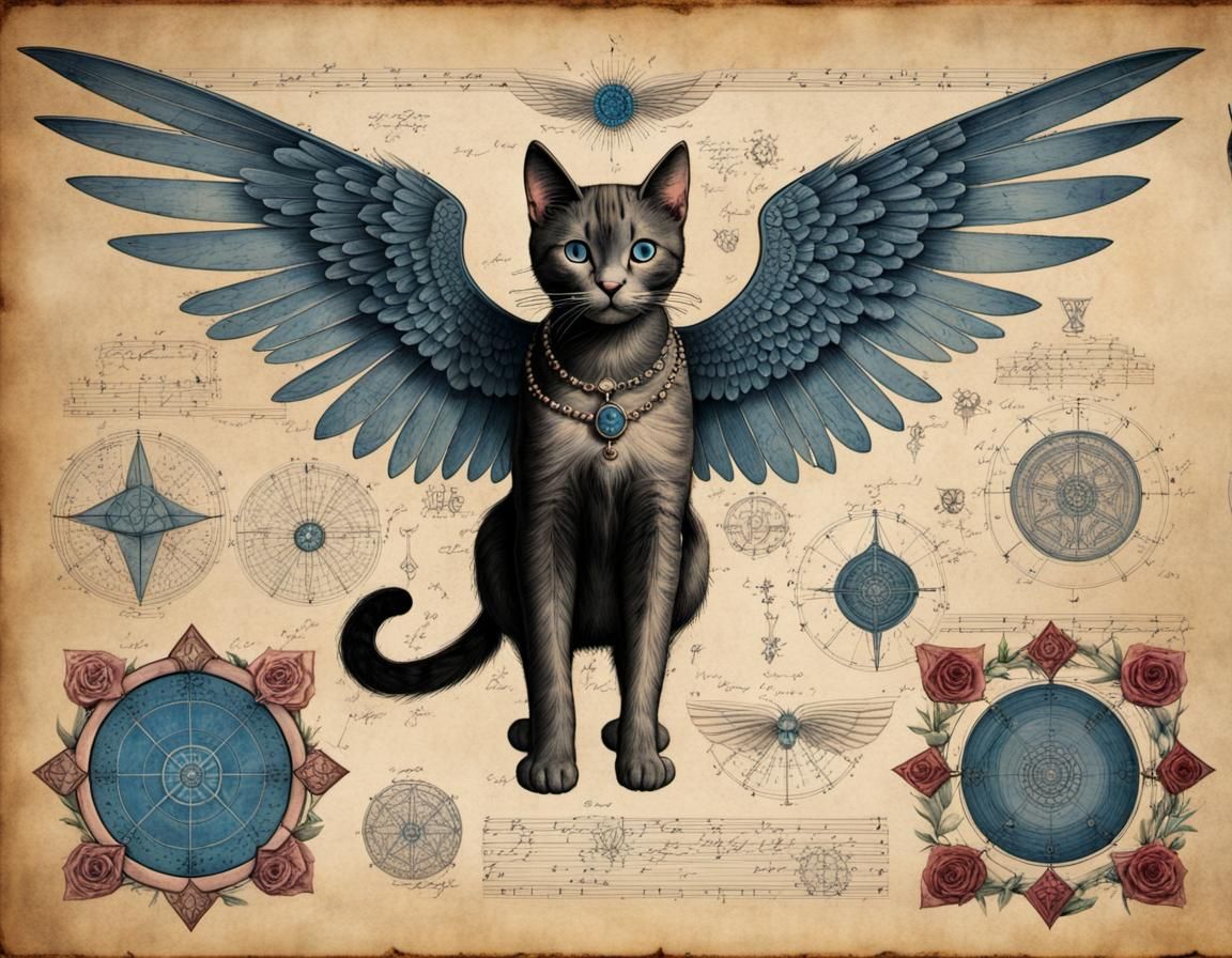 Antique Gothic Diagram of a Winged Cat