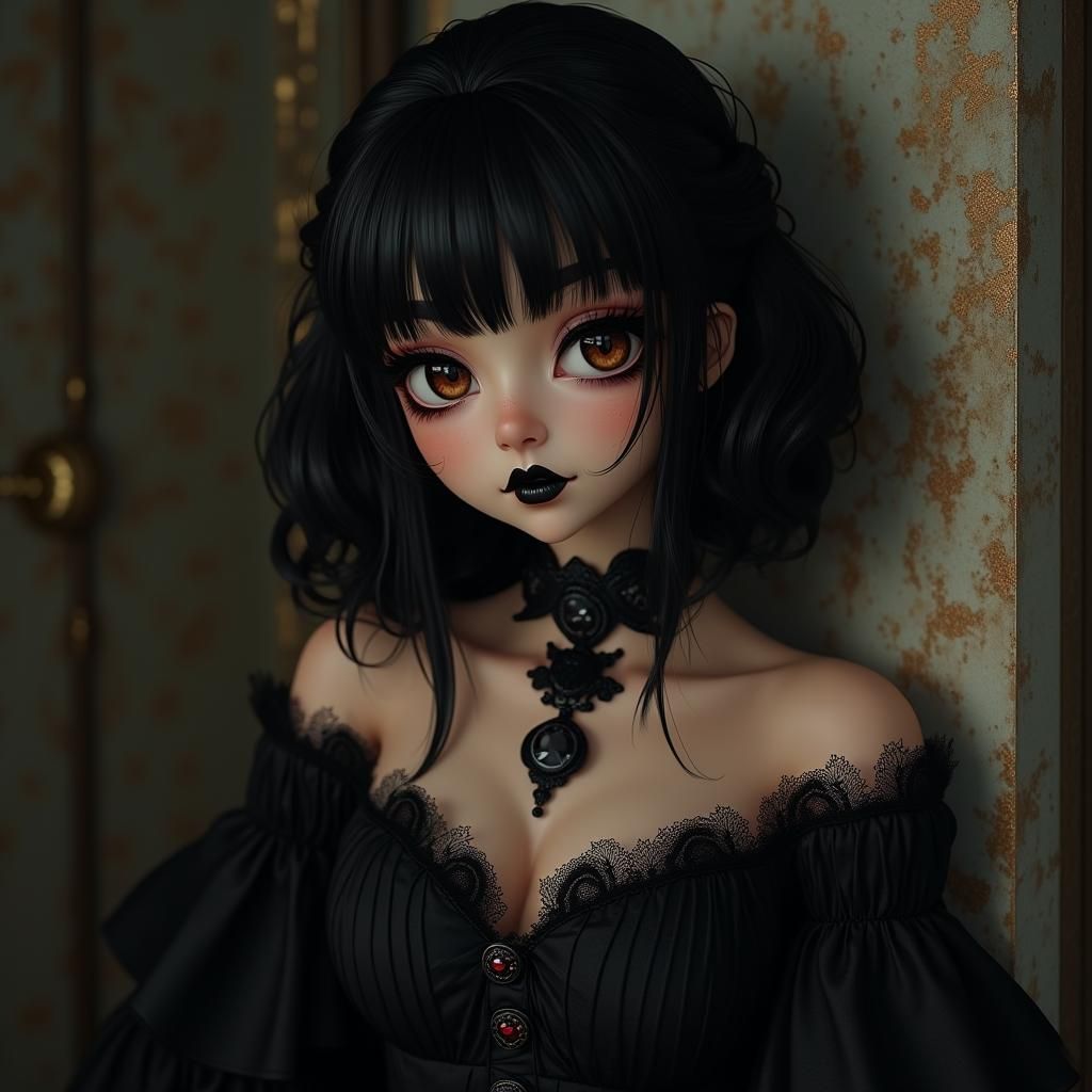 Goth Girl in 90's Anime Style with Victorian Dress