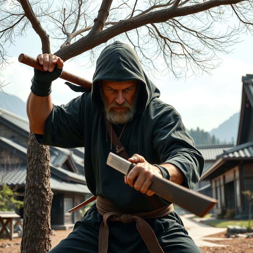 Chuck Norris Ninja Chops Oak Tree: Hyperrealistic Photo