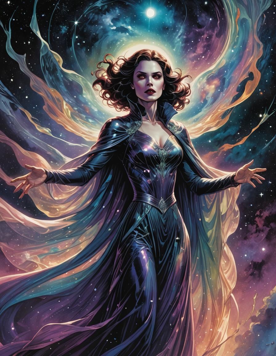 A beautiful, alluring vampire in a sheer, translucent gown, flying through outer space