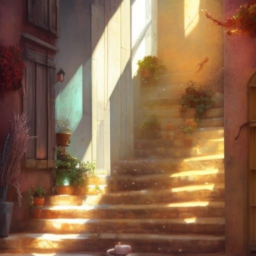 Italian Alleyway with Orange Door, Impasto Oil Painting