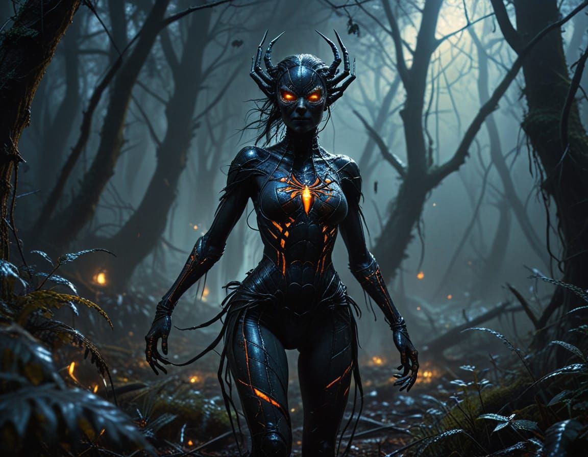 Demonic Spider-Woman in Dark Fantasy Landscape