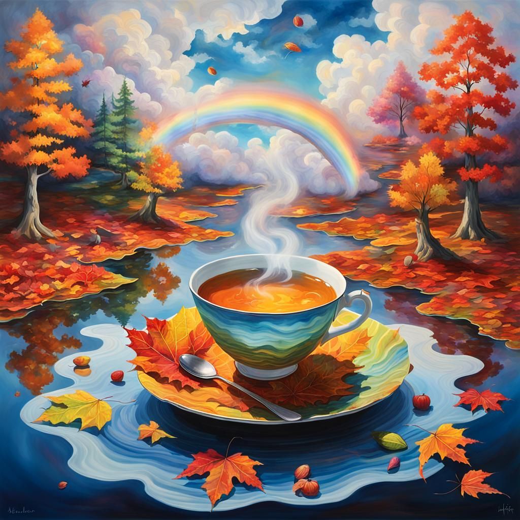 Colorful Non-Newtonian Fluid Lake With Autumn Leaves