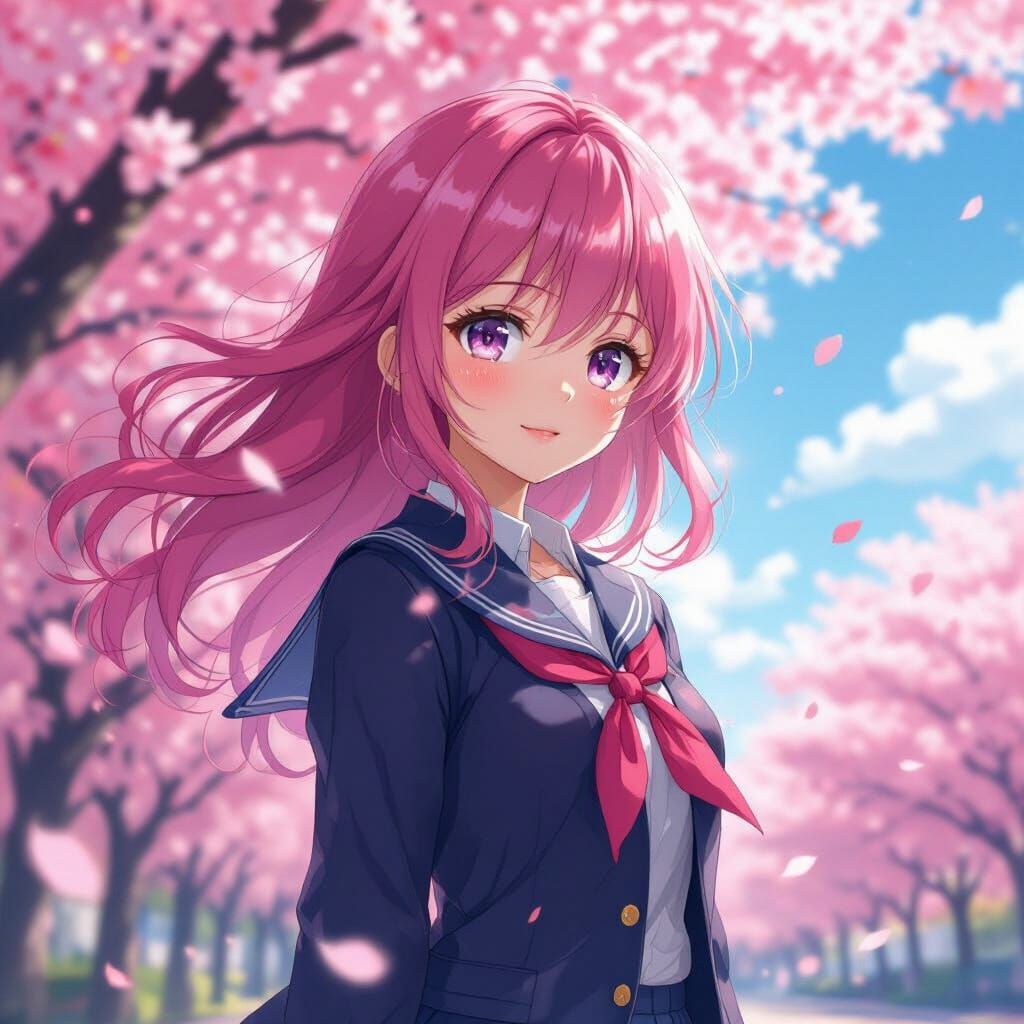 Anime Girl Among Cherry Blossoms in Shinkai Style