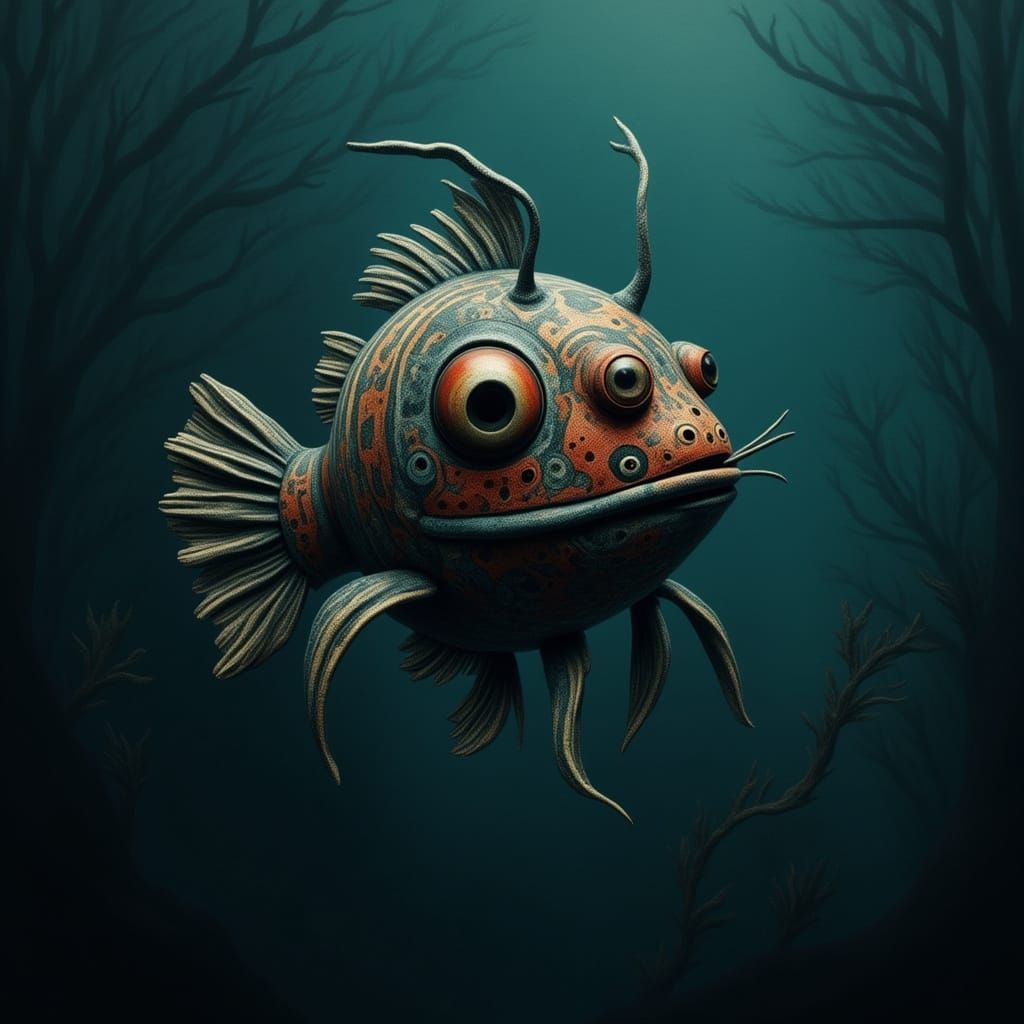 Majestic Devil Fish in Dark, Bioluminescent Abyssal Zone