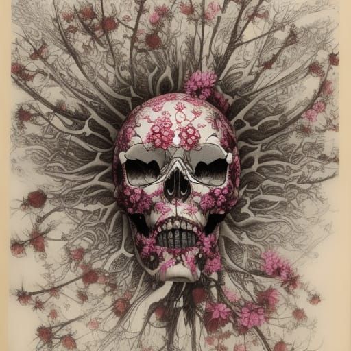 Cherry Blossom Geisha Skull in Punk Rock Style