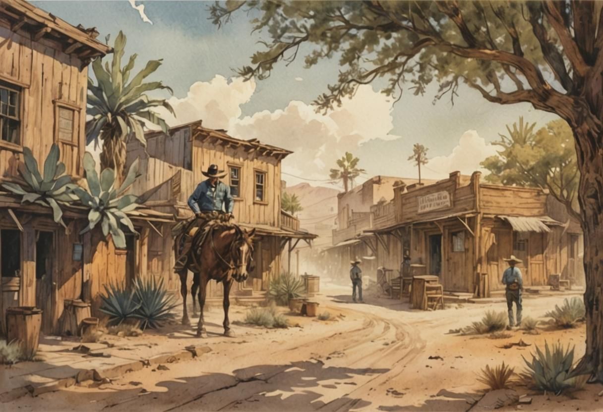 Wild West Cowboy Village in Watercolor Comic Style