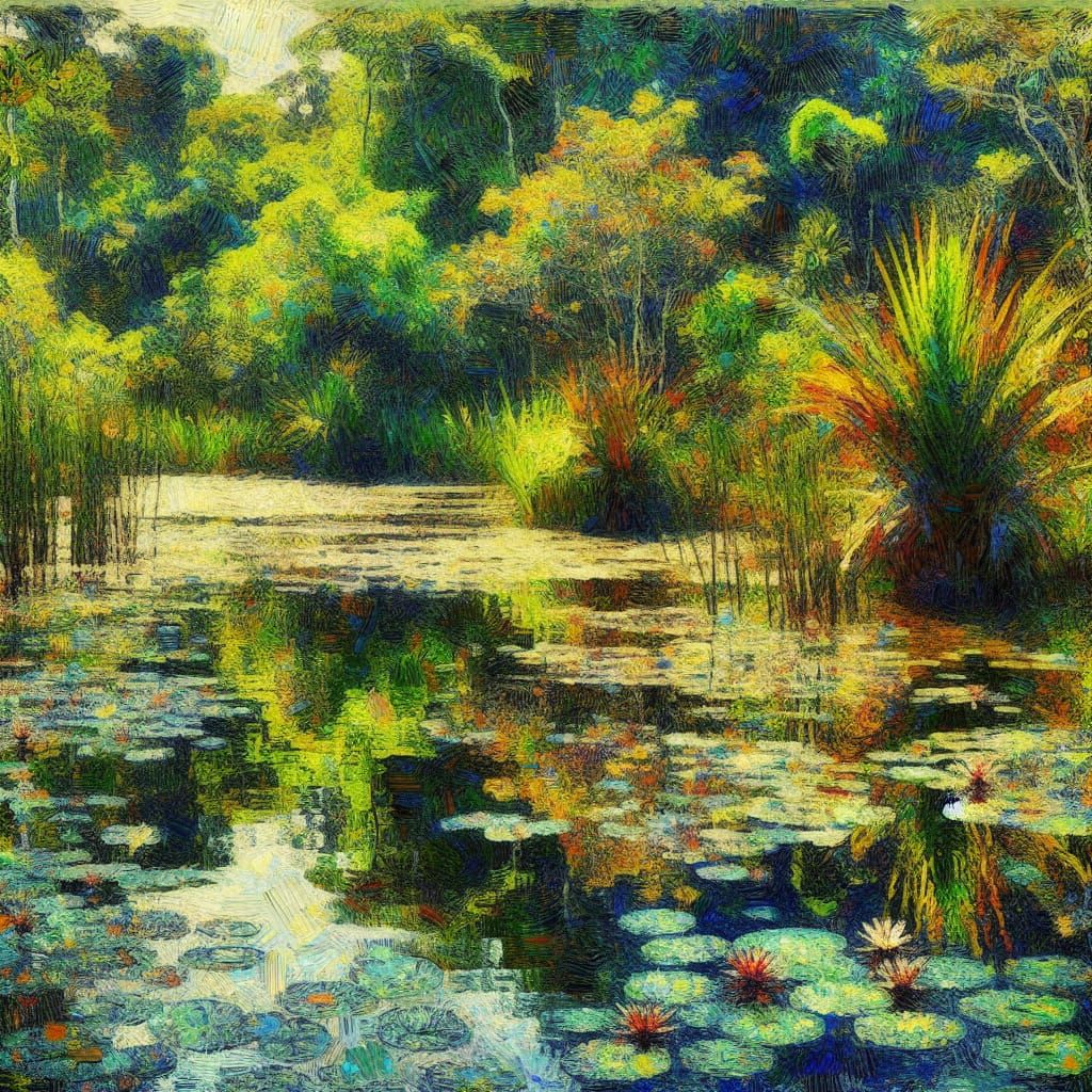 Impressionistic Lake with Tropical Forest Reflection