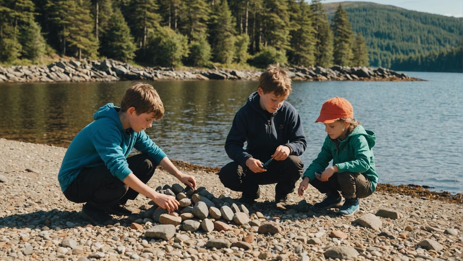 Children Building Cairn on Scottish Loch Beach