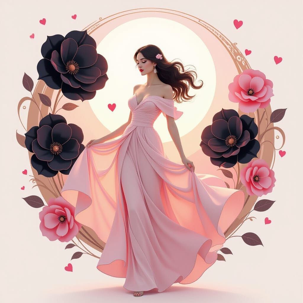 Dreamy Woman in Pink Dress Amidst Abstract Floral Art