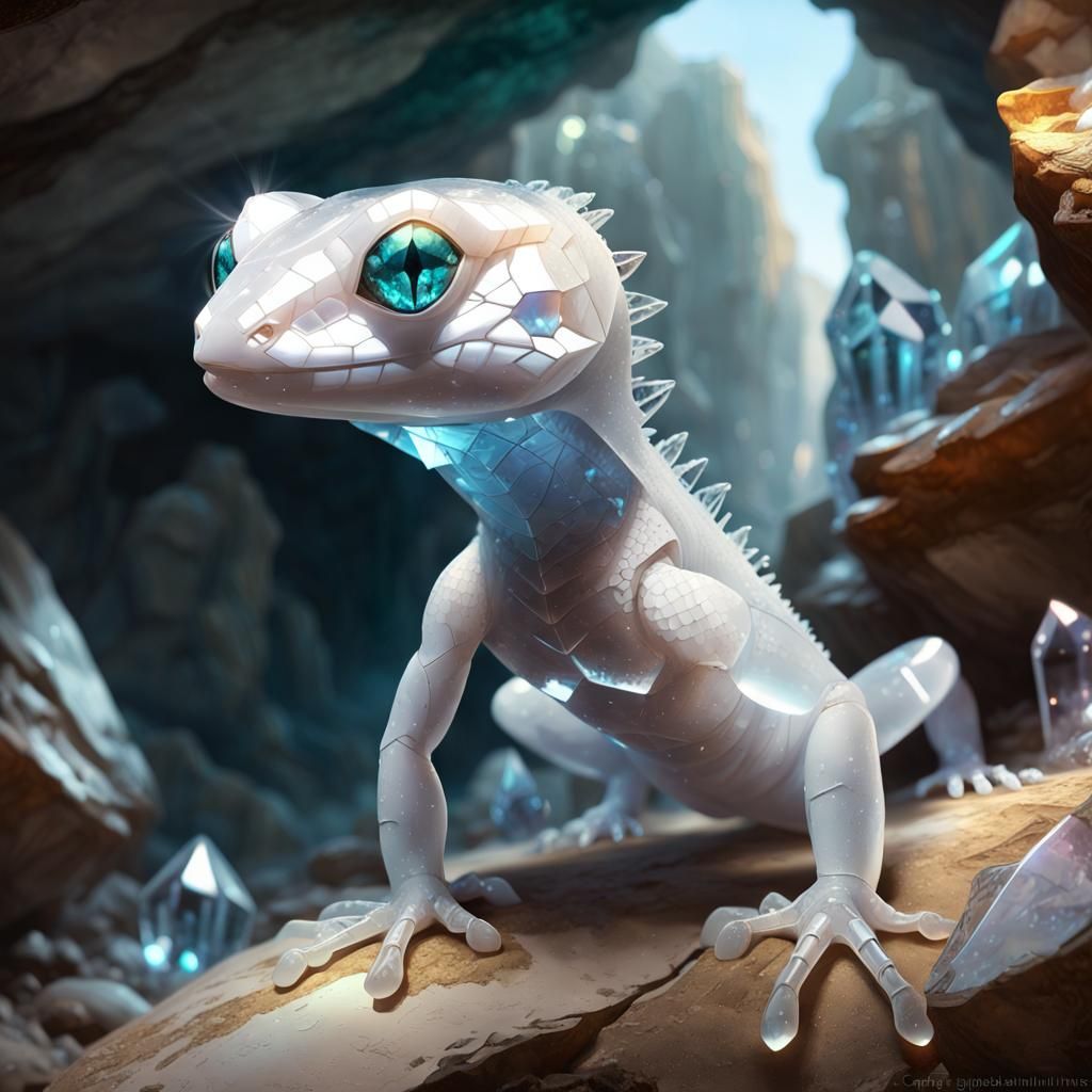 Giant Crystal Gecko in Cave, Photorealistic Fantasy Art