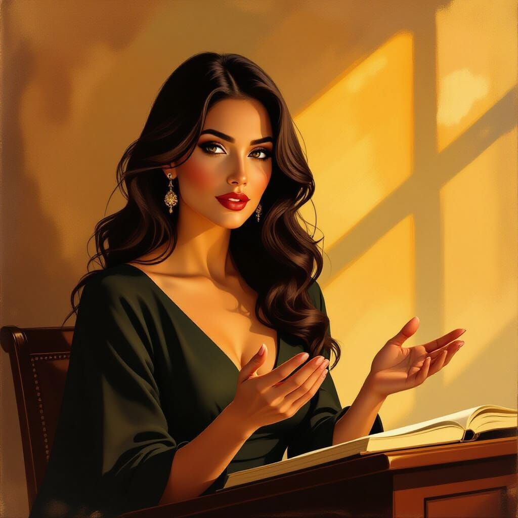 Elegant Woman Giving Lecture in Realistic Oil Painting Style