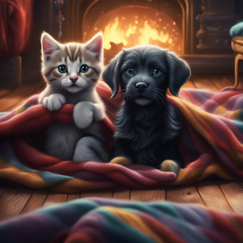 Kitten and Dog Watch Movie: Detailed Digital Painting