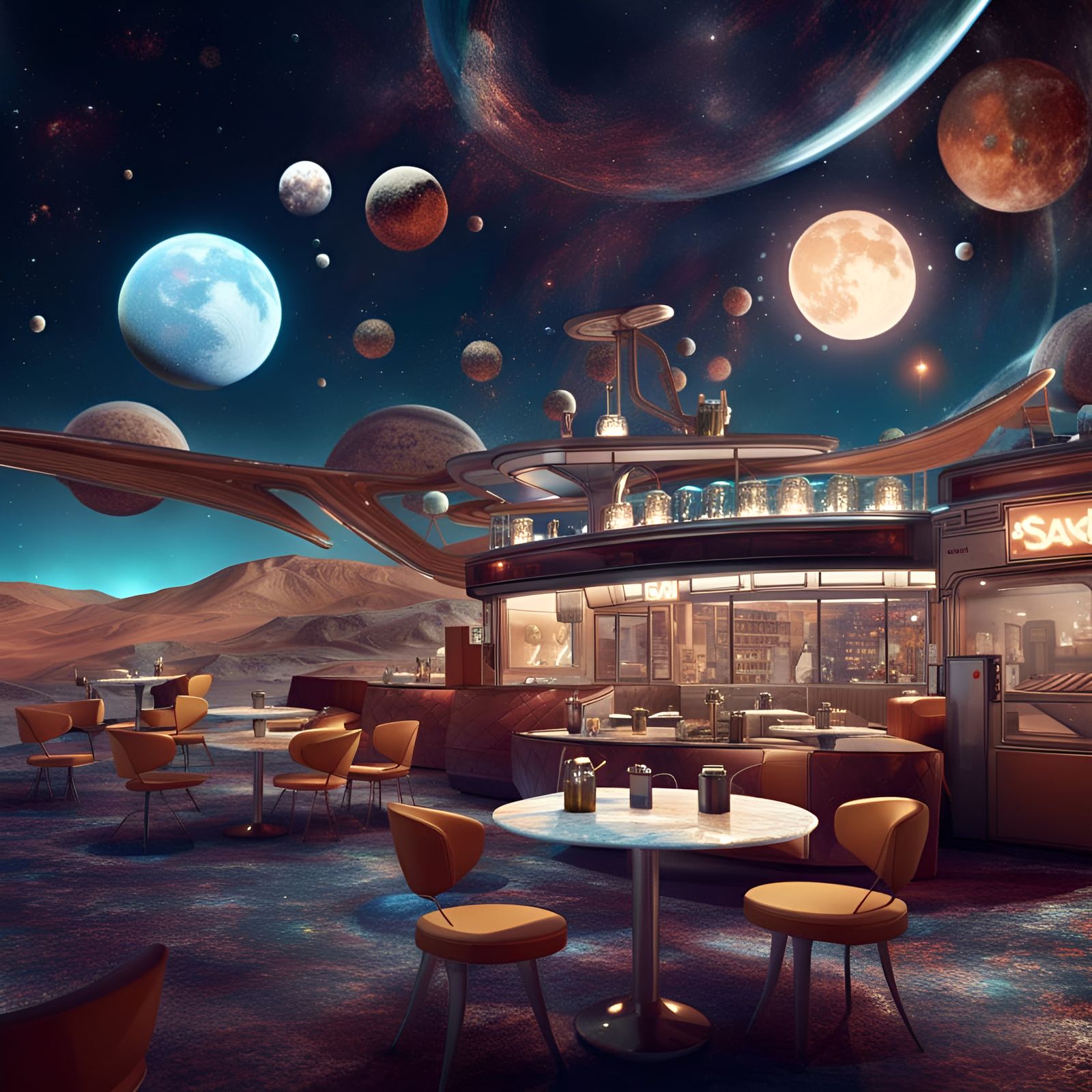 1960s Cafe on the Moon: Detailed Matte Painting