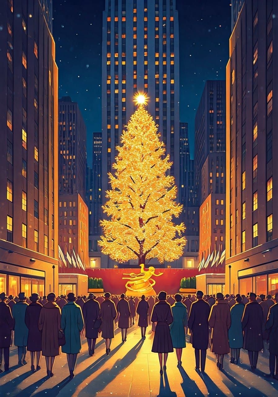 Mid-Century Rockefeller Center Christmas Scene in Art Deco S...