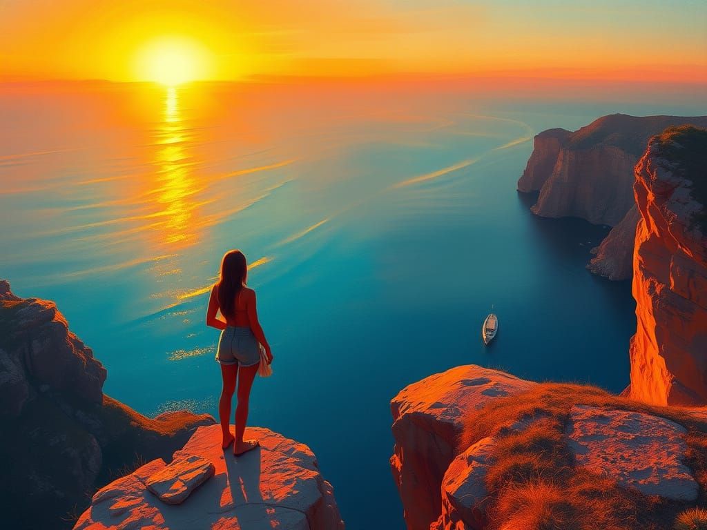 Woman Gazing at Sunset Impressionist Painting