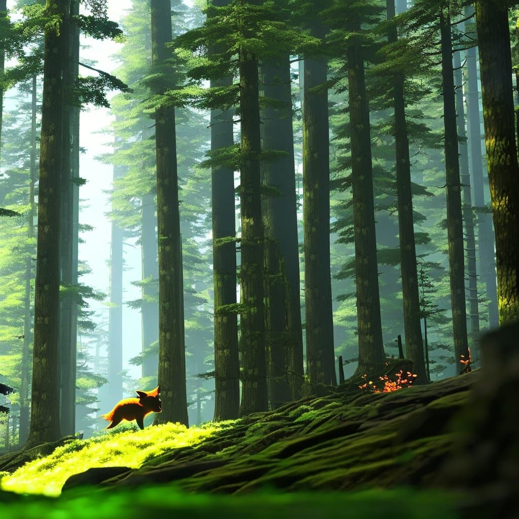 Anime Tanuki in Forest: Contrasting Colors, Modern Art