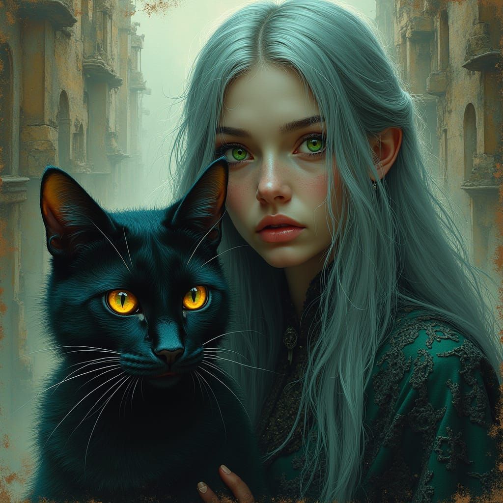 Mystical Witch and Obsidian Cat in Ancient Ruins