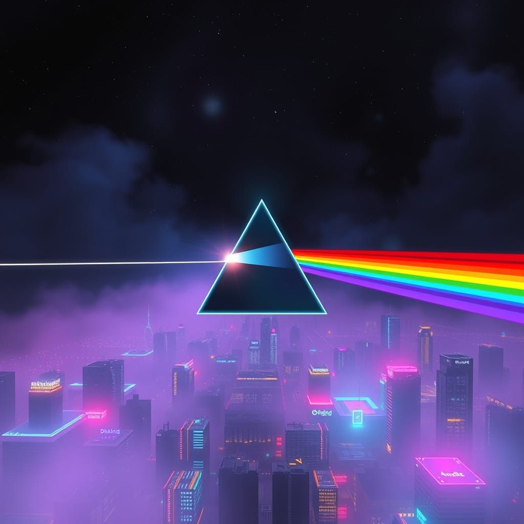 Pink Floyd Prism Refracting Light in Synthwave Neon Style