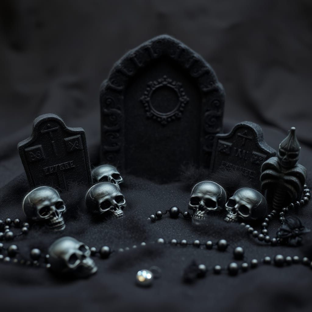 Gothic Graveyard Felted Art with Skulls and Beads