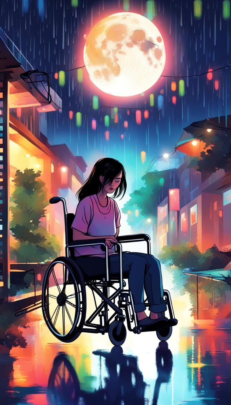 Girl in Wheelchair Cries at Moonlit Night