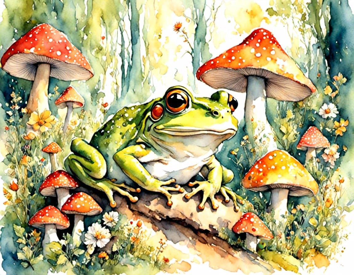 huge frog and mushrooms and flowers  illustration <lora:Chec...