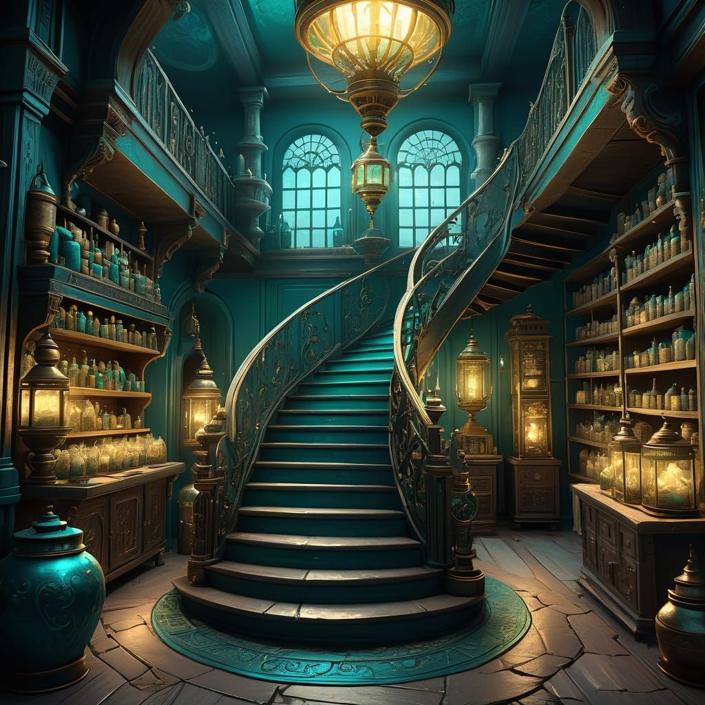 Magical Apothecary Interior With Teal Staircase