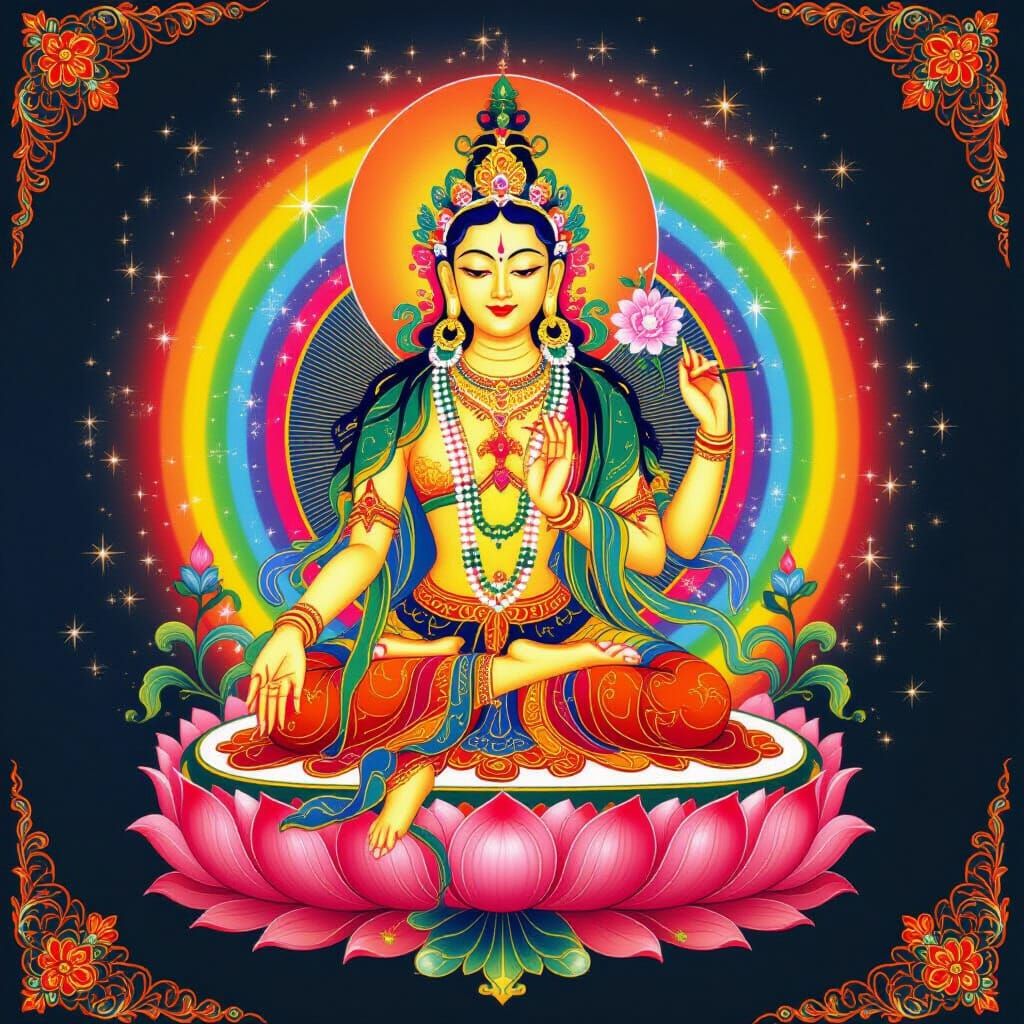 Radiant Tara Goddess in Rainbow Aura on Lotus Throne