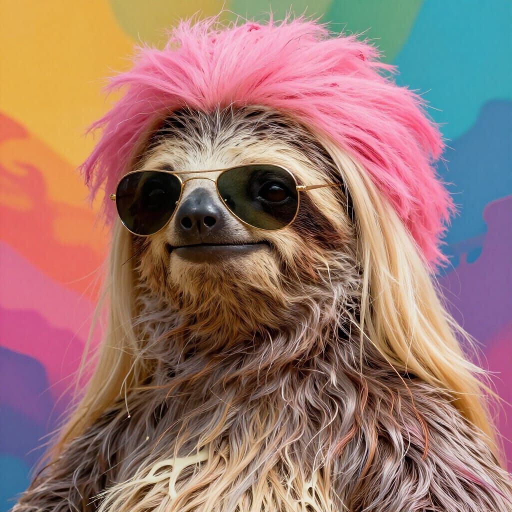 Hyperrealistic Sloth with Blonde Hair and Pink Afro Wig