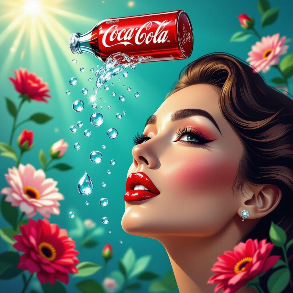 Woman Reaching for Sparkling Cola Drops Amidst Colorful Flow...