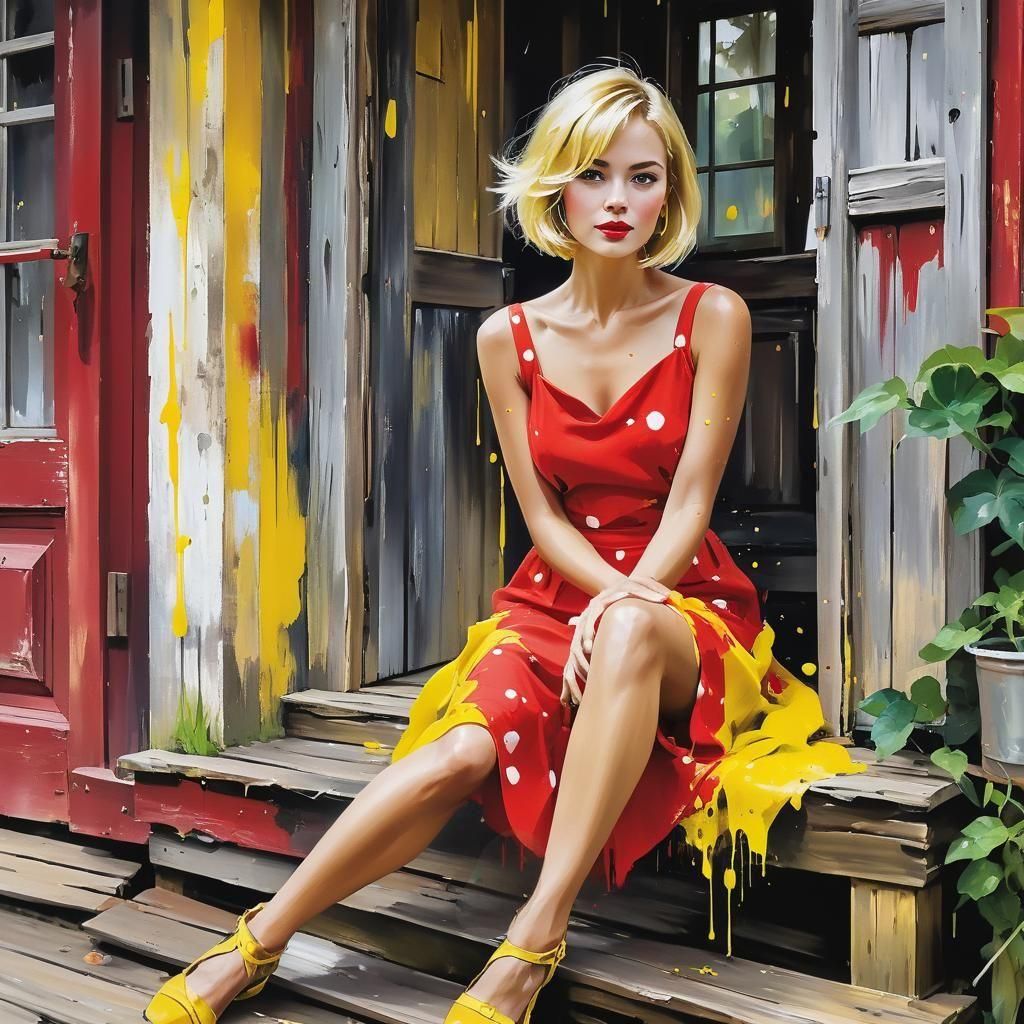 a beautiful woman with  blond bob style hair, red dress with yellow spots sitting on the porch of the rustic house, Expr...