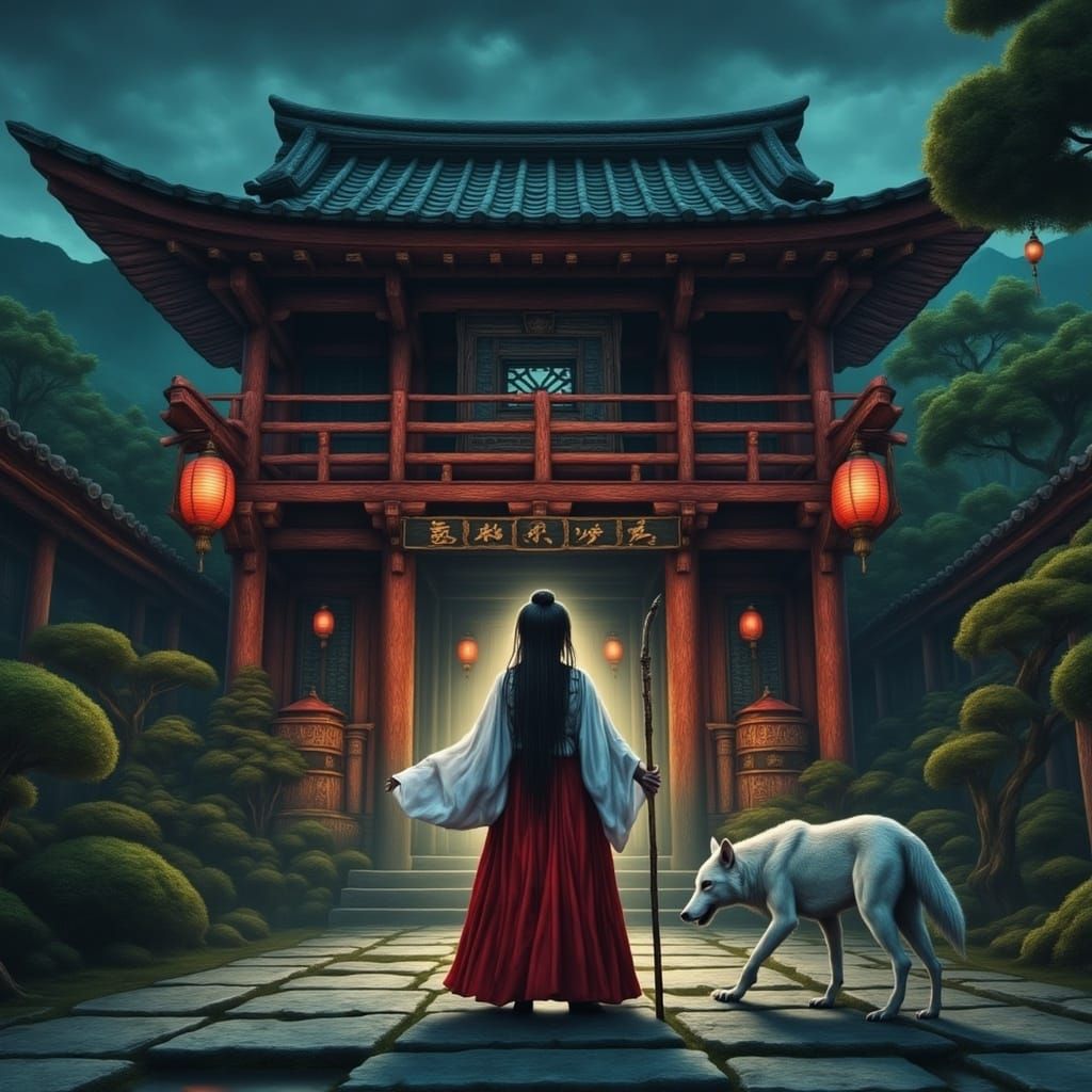 Japanese Woman with Wolf in Digital Illustration