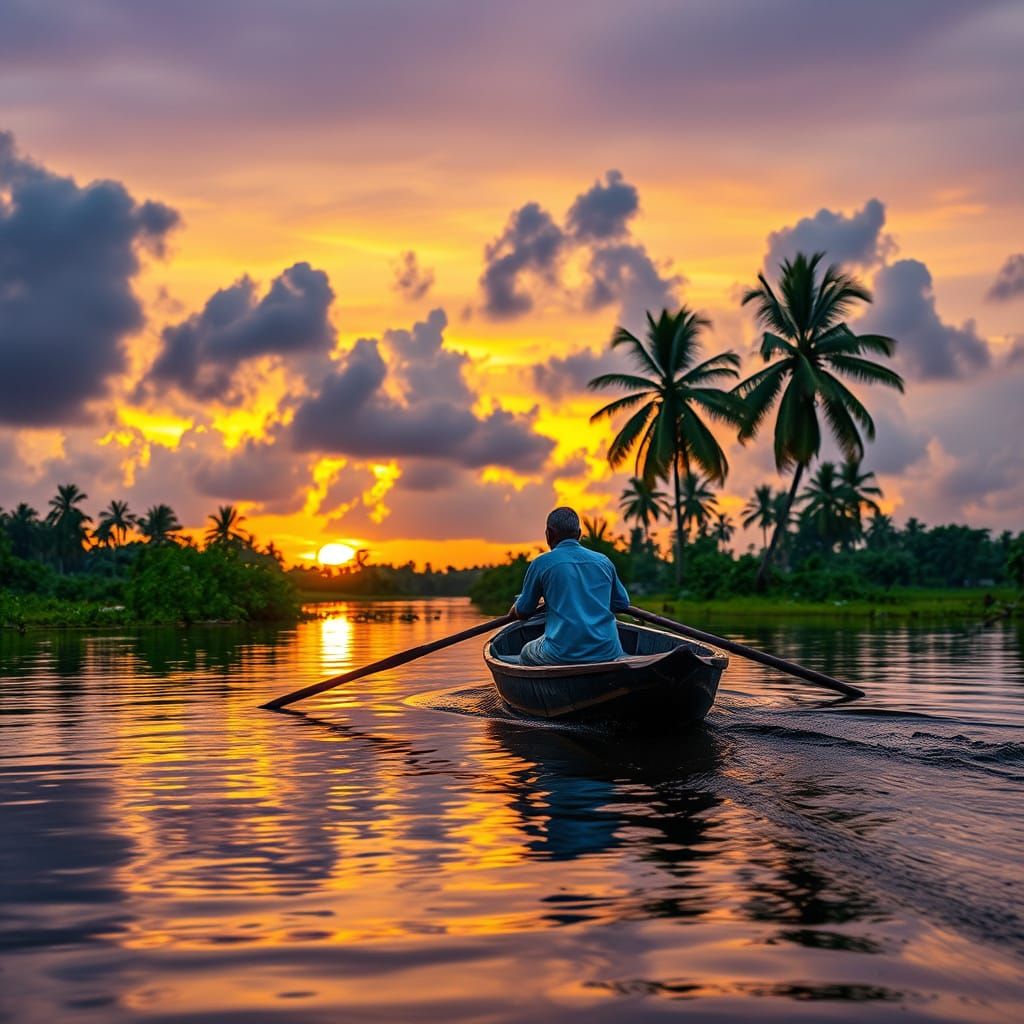 Kerala Backwaters Sunrise in Photorealistic Style