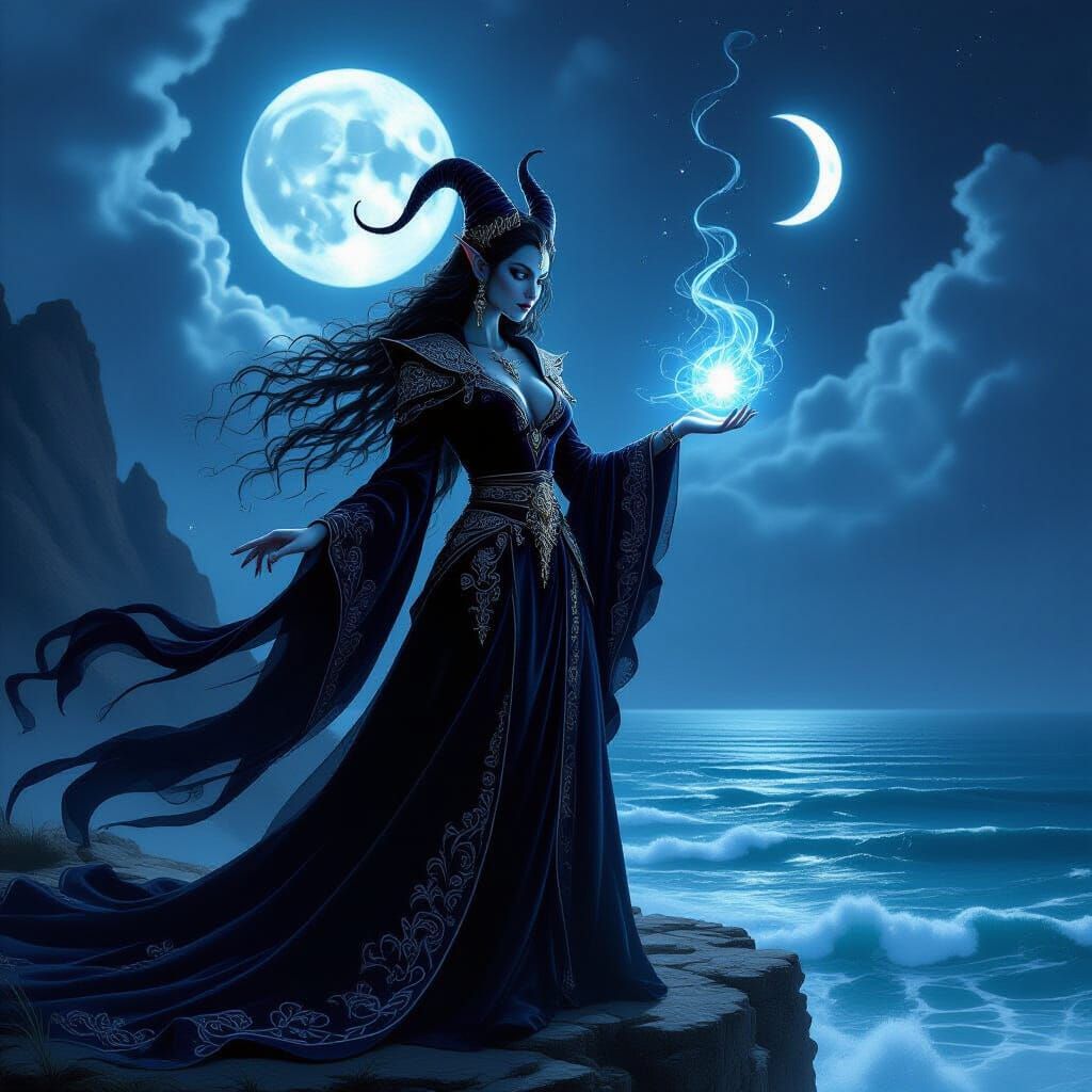 Majestic Tiefling Sorceress on Alien Cliff Overlooking Ocean