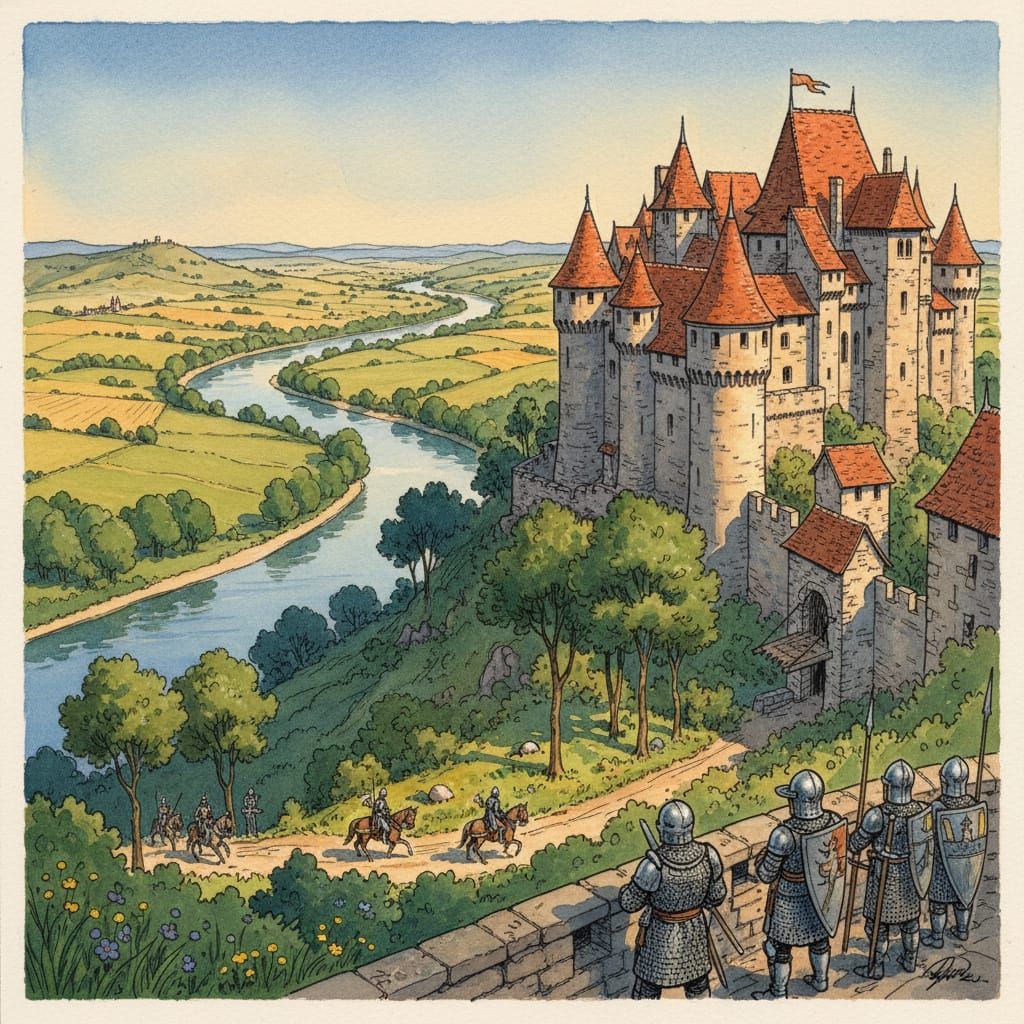 Medieval Castle Vista with Knights in Watercolor Style