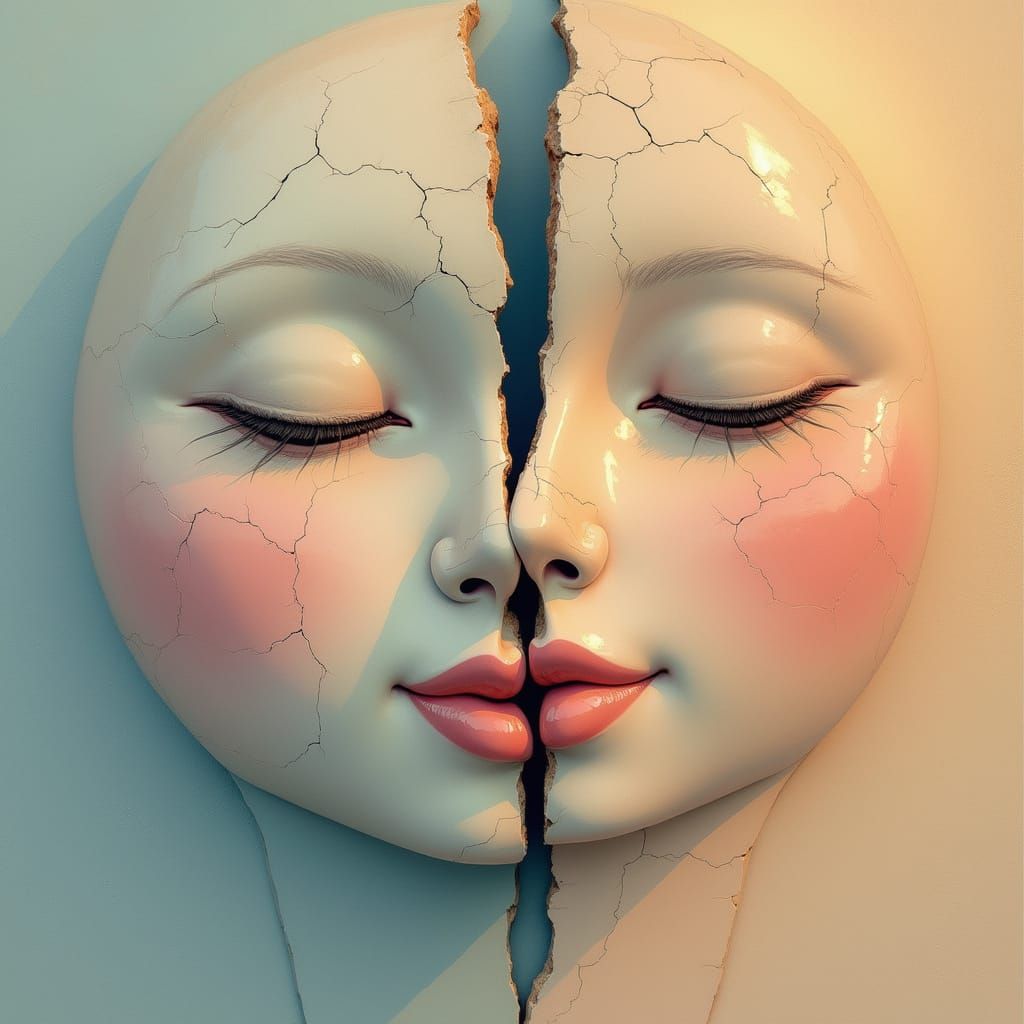 Duality Illustration of Cracking Smile in Pastel Tones