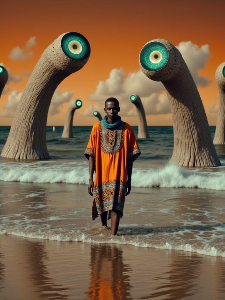 Cthulhu Monsters Emerge From Ocean Toward African Shekere