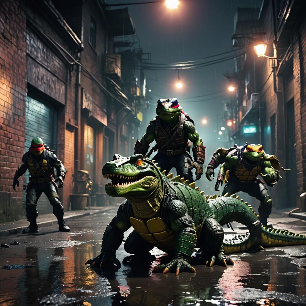 Mutant Ninja Crocodile Pirate in Dark Alleyway